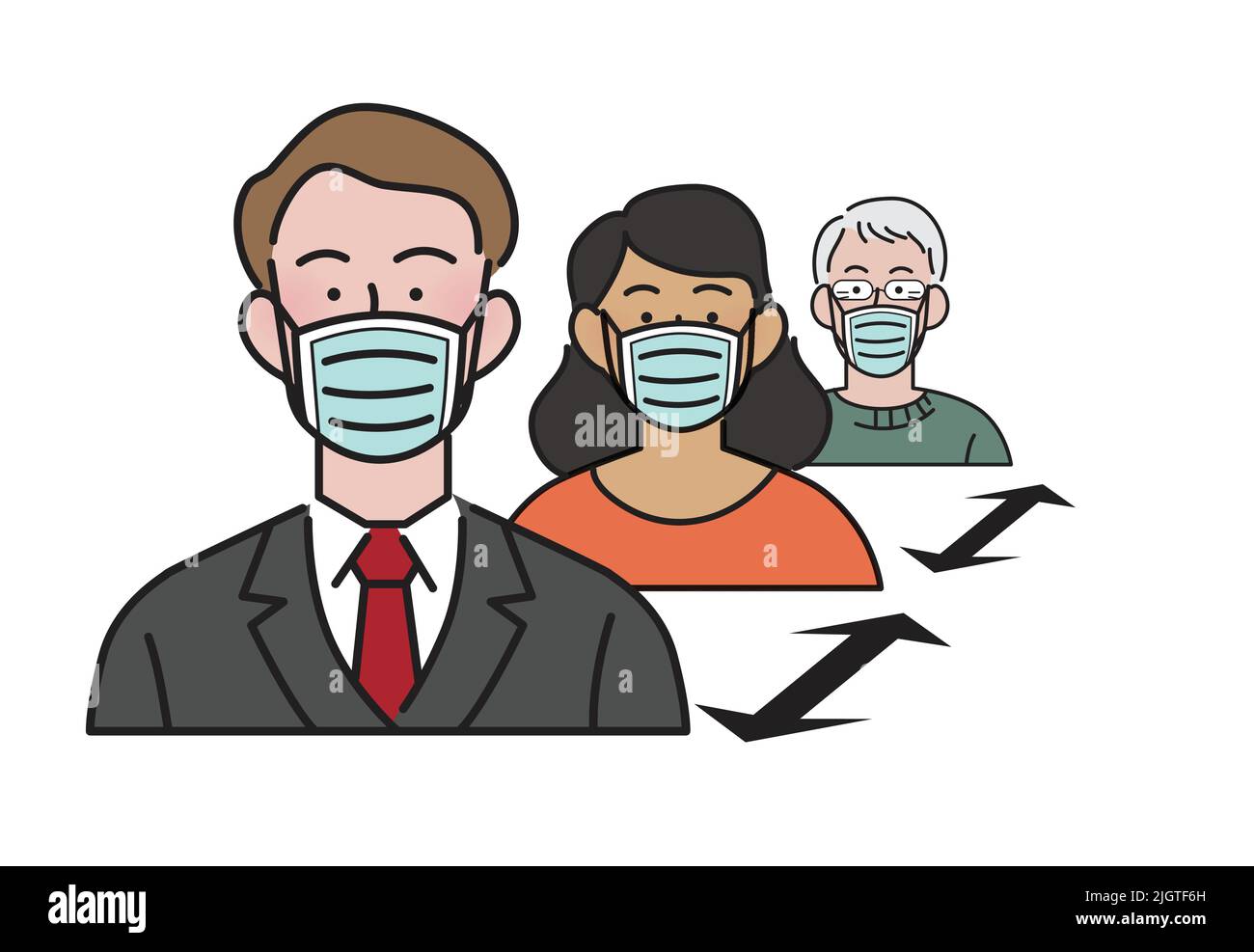 Vettore piatto isolato per misure preventive covidi. Gruppo di persone fisiche o sociali che indossano maschere chirurgiche con una freccia di distanza. Illustrazione Vettoriale