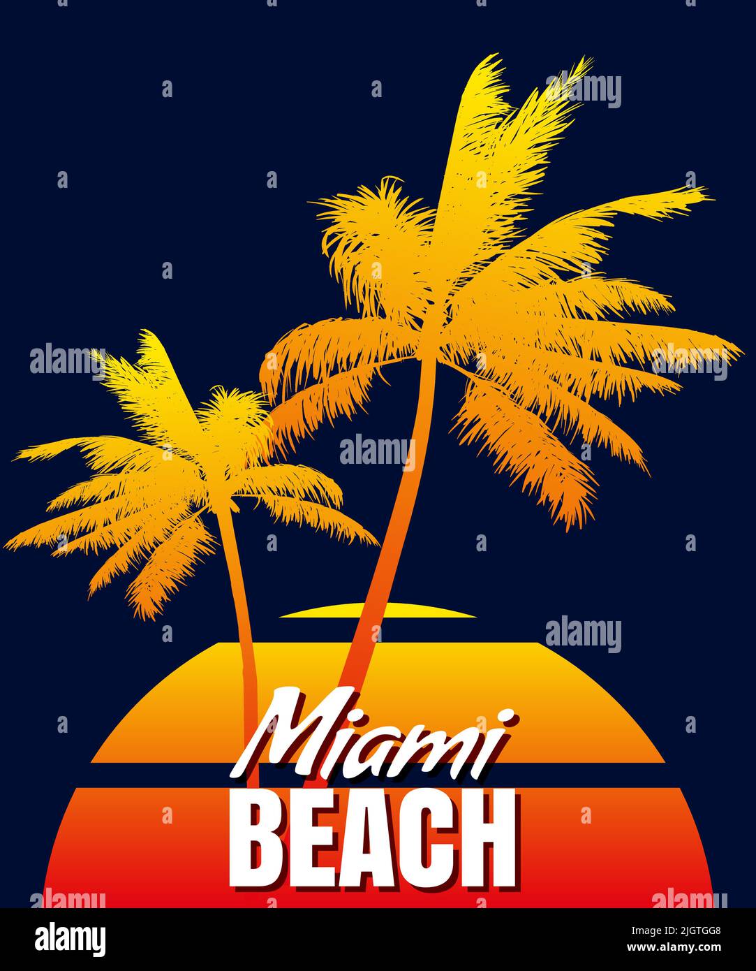 T-shirt Sunset Miami Beach con stampa estiva. Poster palme silhouette, sfumatura, typorgafy. Illustrazione vettoriale Illustrazione Vettoriale