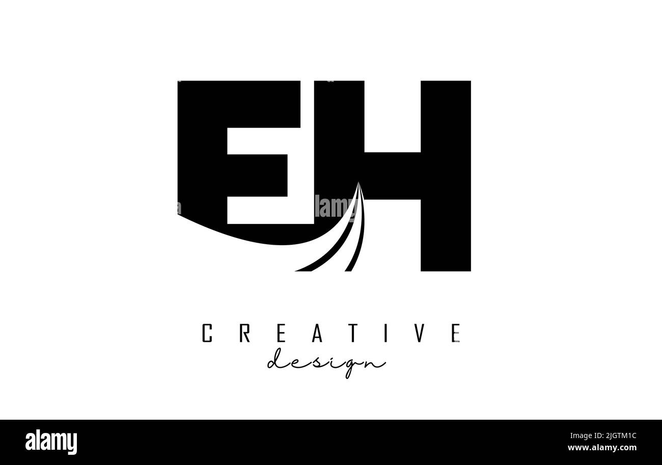 Logo EH e h creativo con lettere nere e linee di punta e design Road Concept. Lettere con disegno geometrico. Illustrazione vettoriale con lettera e creat Illustrazione Vettoriale