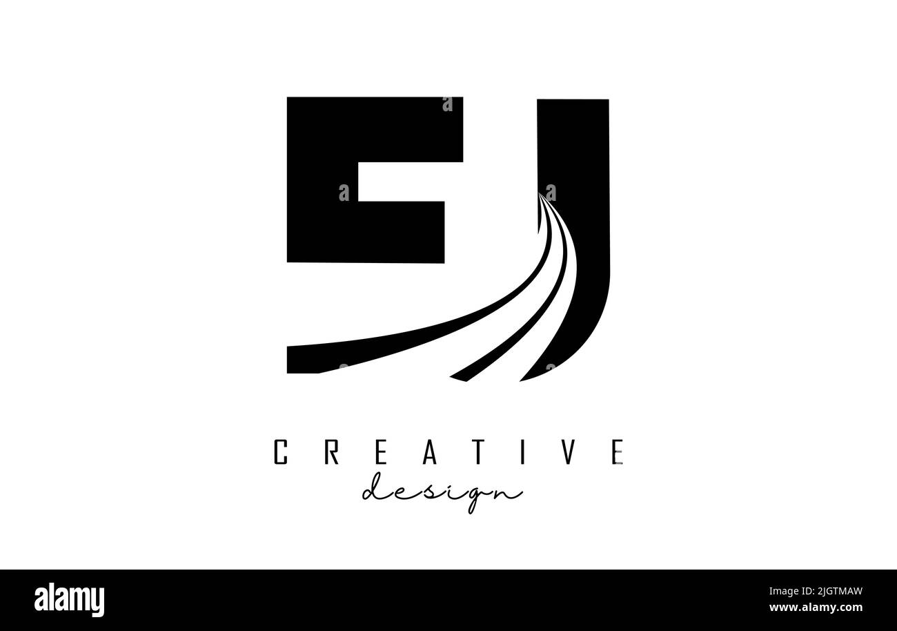 Logo EJ e j in lettere nere con linee di punta e design Road concept. Lettere con disegno geometrico. Illustrazione vettoriale con lettera e creat Illustrazione Vettoriale