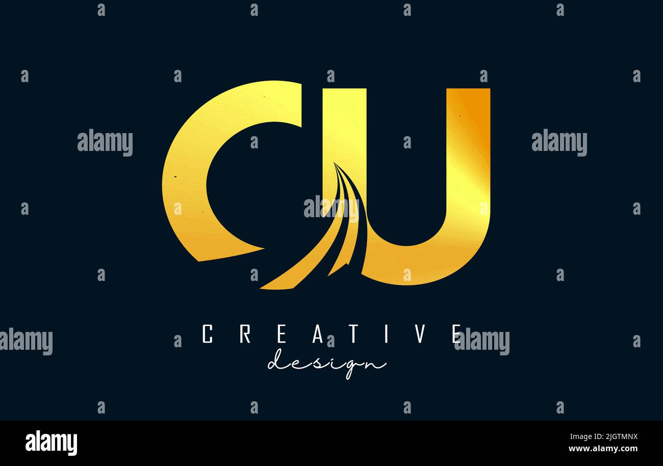 Logo creativo con lettera d'oro CU c u con linee di punta e design Road Concept. Lettere con disegno geometrico. Illustrazione vettoriale con lettera e crea Illustrazione Vettoriale