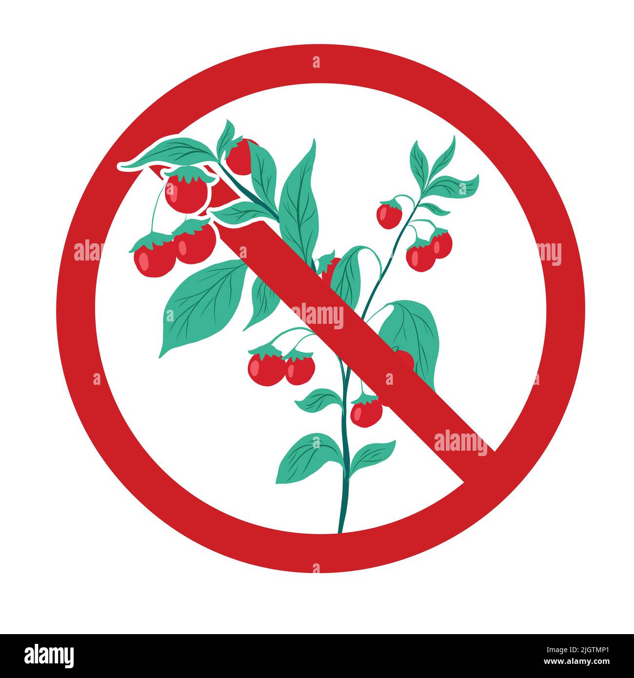 Pomodori ciliegini in un segno di divieto. Segno di divieto vettore con alimenti OGM pericolosi. Il pericolo di alimenti chimicamente nocivi. Non scegliere le verdure. Illustrazione Vettoriale