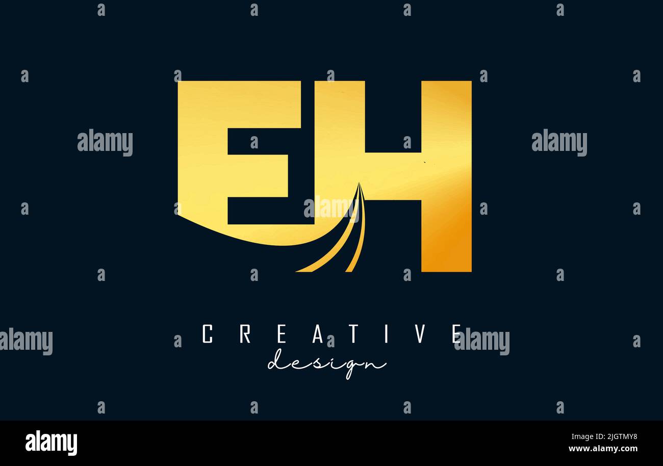 Logo EH e h in lettere d'oro creative con linee di punta e design Road Concept. Lettere con disegno geometrico. Illustrazione vettoriale con lettera e crea Illustrazione Vettoriale
