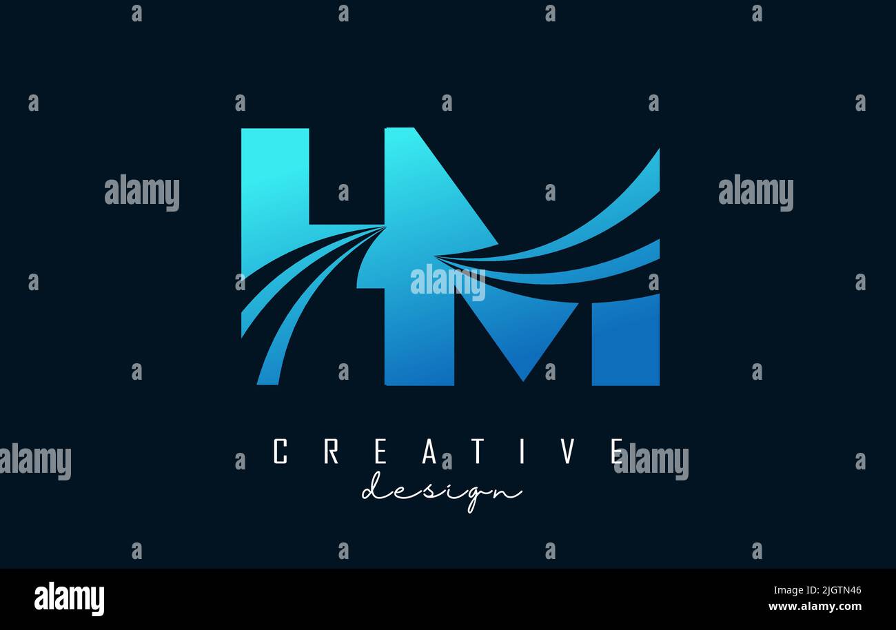 Logo Creative blu lettera HM h m con linee leader e design Road concept. Lettere con disegno geometrico. Illustrazione vettoriale con lettera. Illustrazione Vettoriale