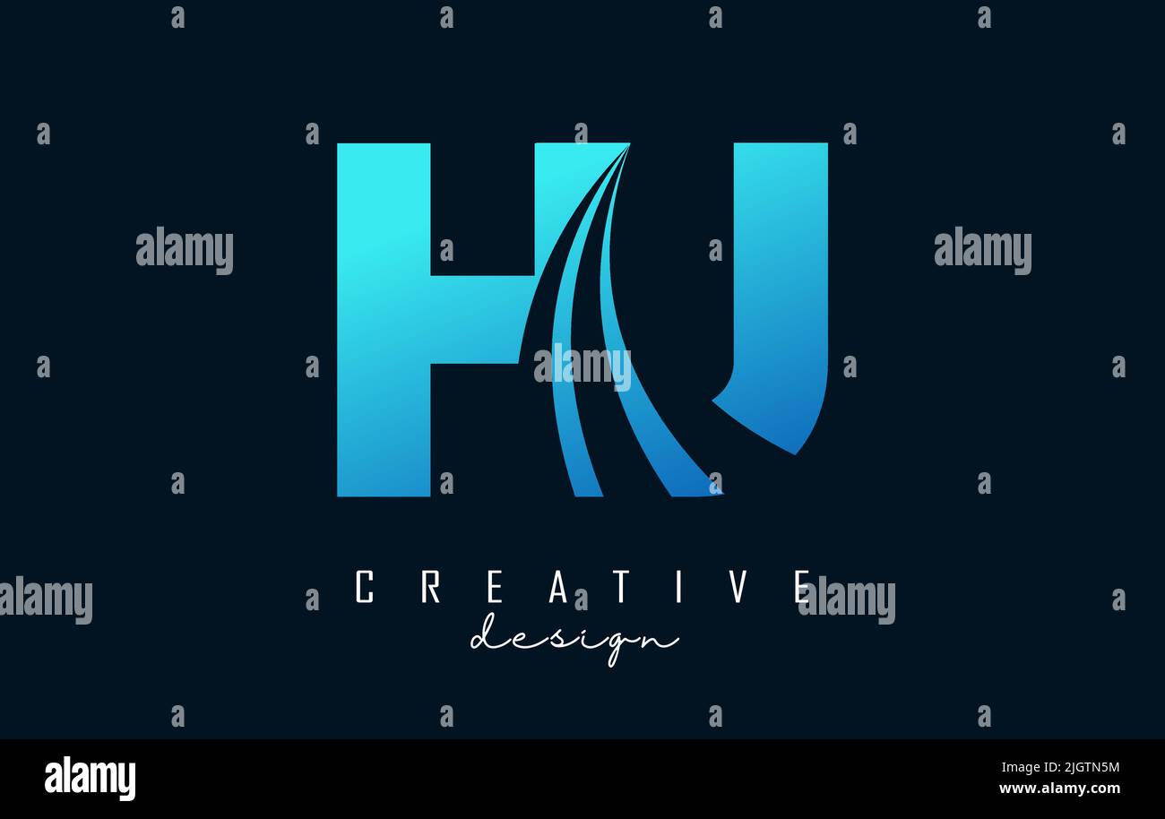 Logo creativo in blu con lettere HU h u con linee di punta e design di concetto stradale. Lettere con disegno geometrico. Illustrazione vettoriale con lettera. Illustrazione Vettoriale