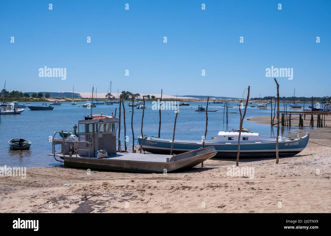 Allevamento di ostriche/pesca a Cap Ferret con le dune du pilat sullo sfondo Foto Stock