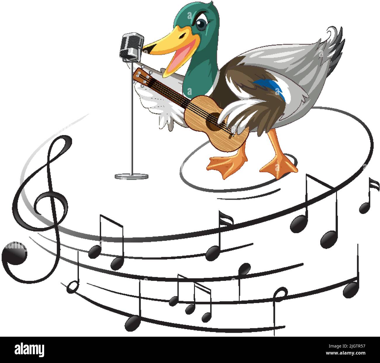 La chitarra anatra suona, ukulele con illustrazione di nota musicale Illustrazione Vettoriale