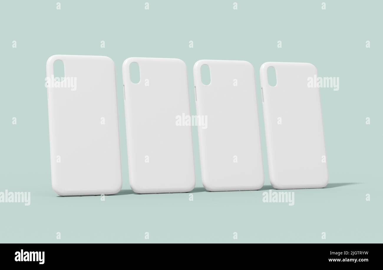 Quattro modelli di custodia per telefono cellulare, modello di copertura bianco isolato su uno sfondo di colore neutro. Protezione in plastica trasparente per smartphone per il design del marchio Foto Stock