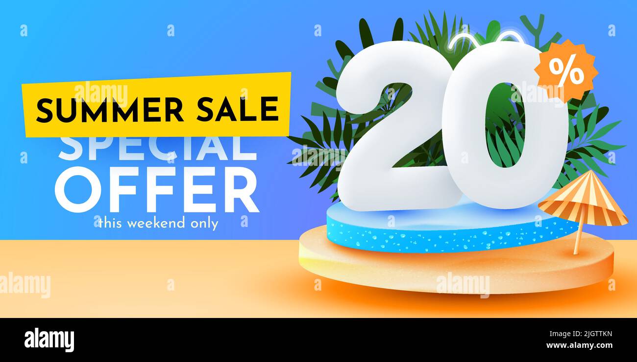 20% di sconto. Sconto composizione creativa. Banner vendita estate. Banner e poster di vendita. Illustrazione vettoriale. Illustrazione Vettoriale