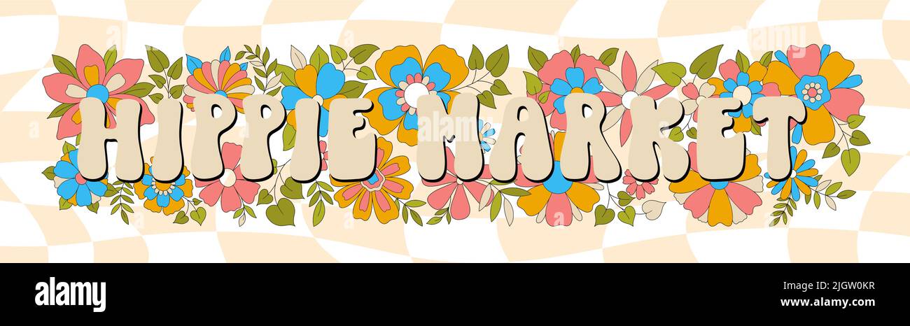 Hippie funky stile Vibe slogan slogan Hippie mercato festival. Annata 1960-1970. Sfondo Hippy retrò. Stampa retrospettiva del simbolo. Illustrazione Vettoriale