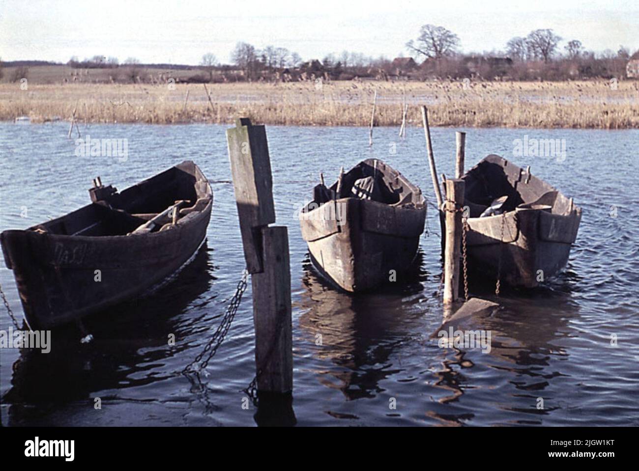 Fotografato dal 1966-09-11 al 1966-09-17.Botten bordo barca '. Tre barche sono ormeggiate in un fiume. Foto Stock