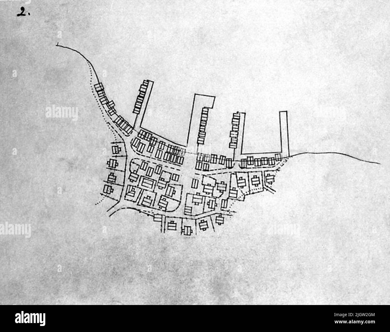 Un'immagine di un disegno per un aereo portuale, con ponti e boathouses. Foto Stock