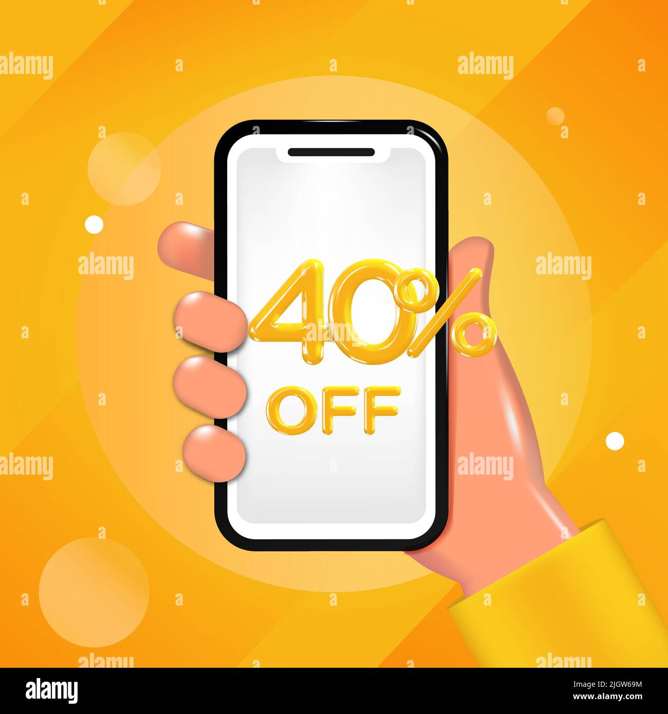 40 o 40% di sconto sul design. Tenere a mano un telefono cellulare con un messaggio di offerta. Promozione speciale, modello poster vendita. Illustrazione Vettoriale