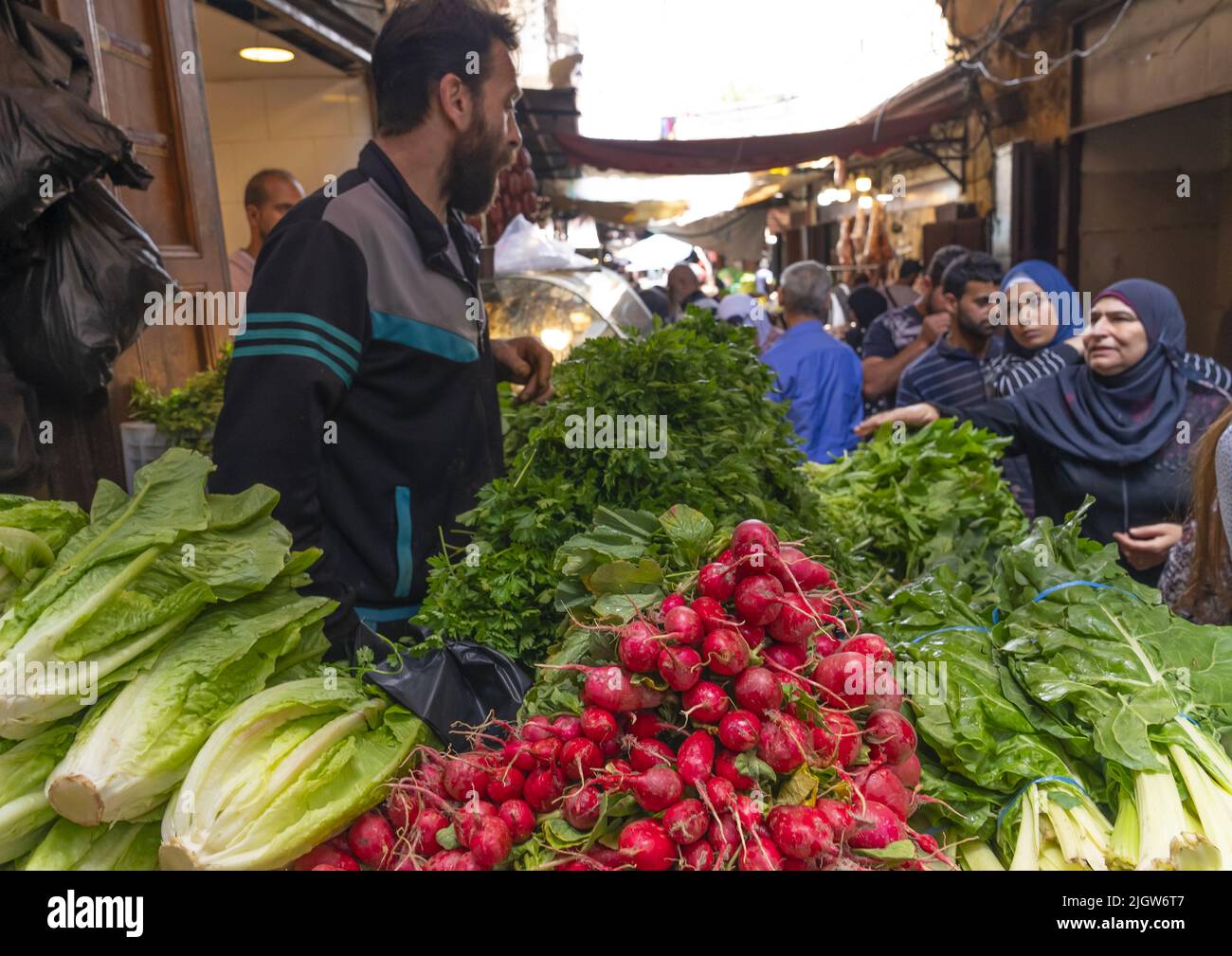 Mercato delle verdure nel vecchio souk, Governatorato del Nord, Tripoli, Libano Foto Stock