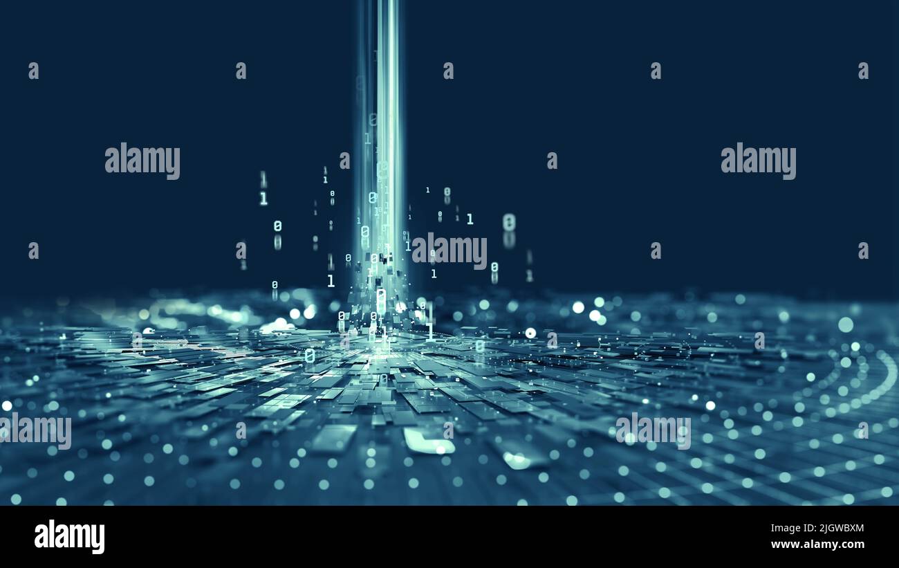 Streaming e flusso di dati digitali. Analisi dei big data e strategia aziendale per soluzioni innovative. 3D illustrazione di strutture di rete, guide e nodi Foto Stock