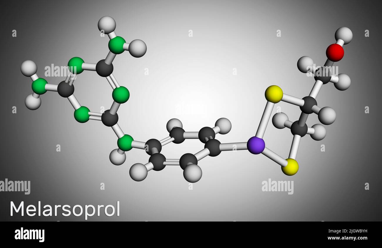 Molecola di farmaco di Melarsoprol. Usato per il trattamento della malattia del sonno africana o della tripanosomiasi africana. Modello molecolare. 3D rendering Foto Stock
