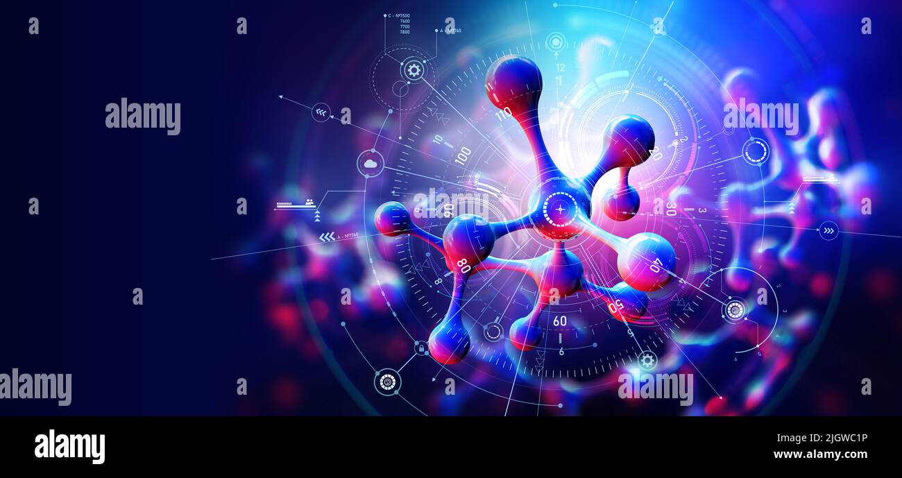 Molecola. Ricerca di laboratorio. Illustrazione scientifica 3D. Astratto elementi digitali e brillante vacanza Foto Stock