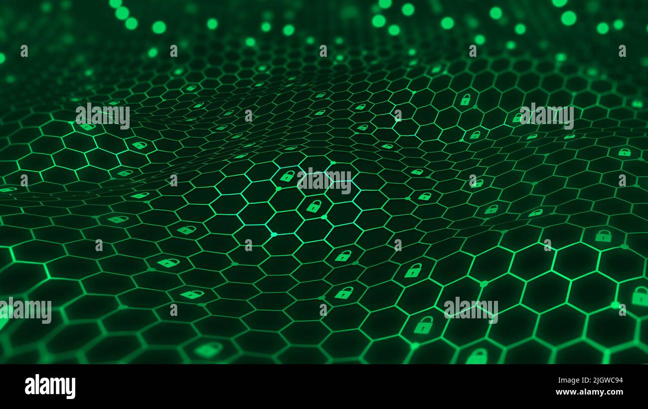 Illustrazione della rete protetta 3D. Protezione dei dati privati. Cluster esagonali di architettura quantistica Foto Stock