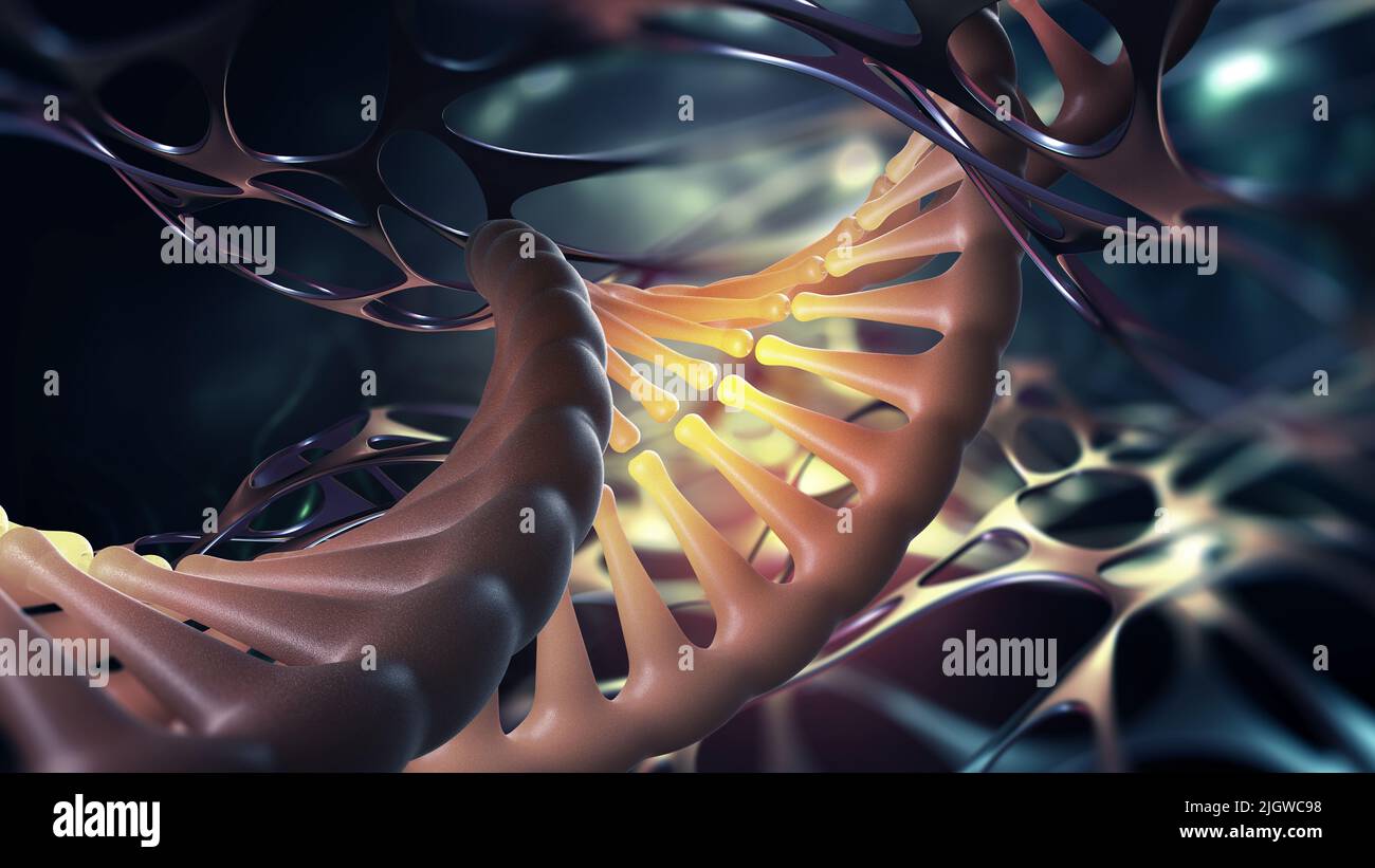 Elica del DNA. Ricerca scientifica. Decodifica del genoma e innovazione medica. 3D illustrazione di una molecola di DNA al microscopio Foto Stock