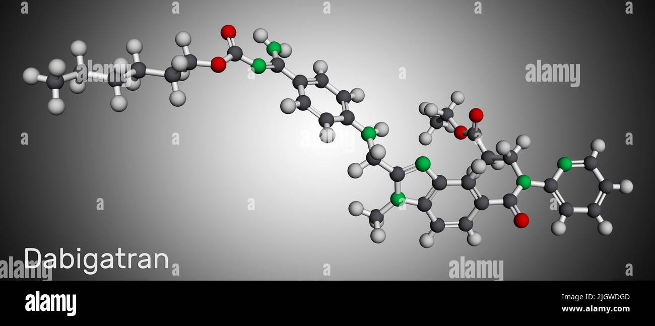 Molecola di Dabigatran. È farmaco anticoagulante. Modello molecolare. 3D rendering. Illustrazione Foto Stock