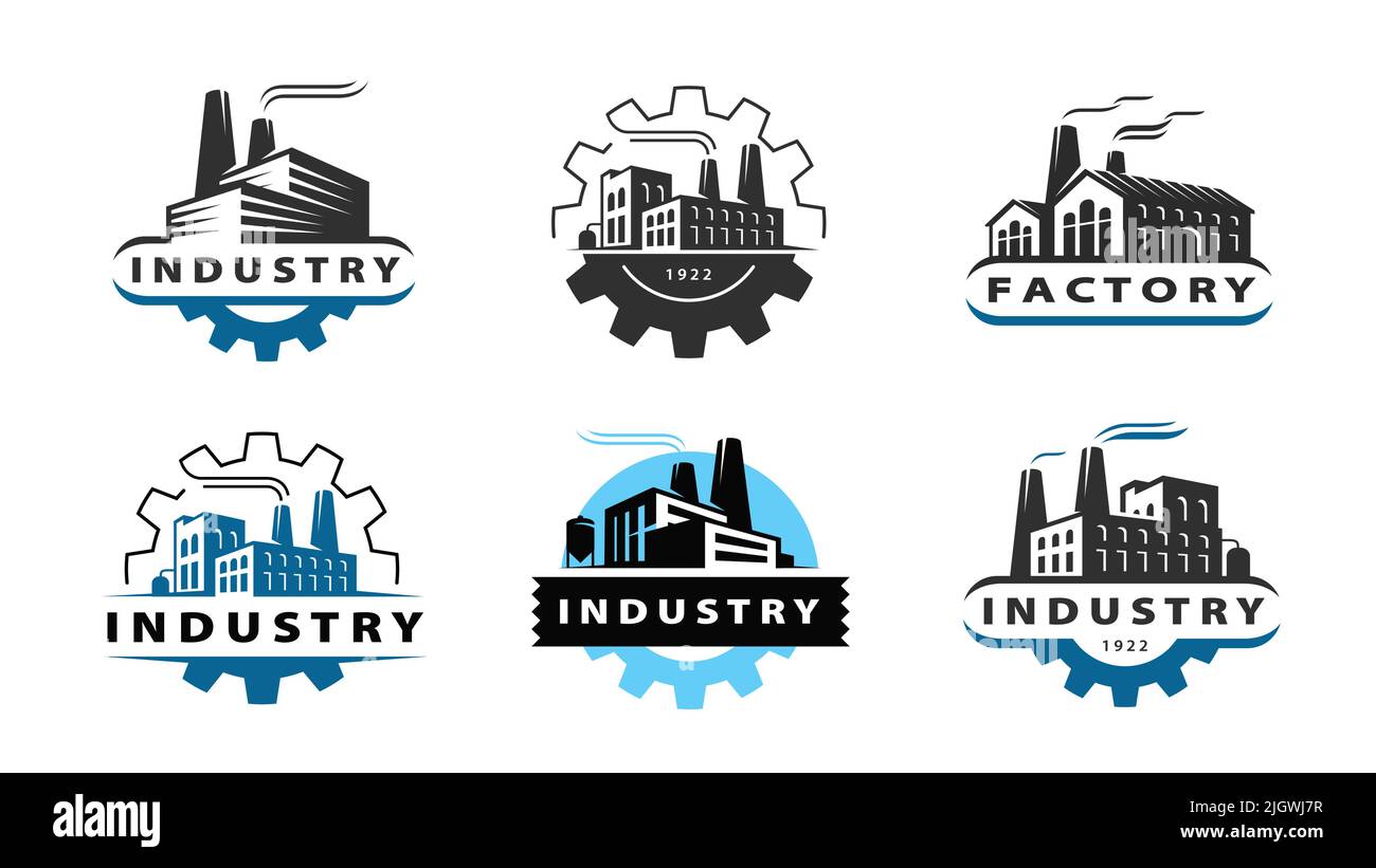 Modello di design del set di logo vettoriale di fabbrica. Vettore di badge di fabbricazione, di costruzione industriale o di industria Illustrazione Vettoriale