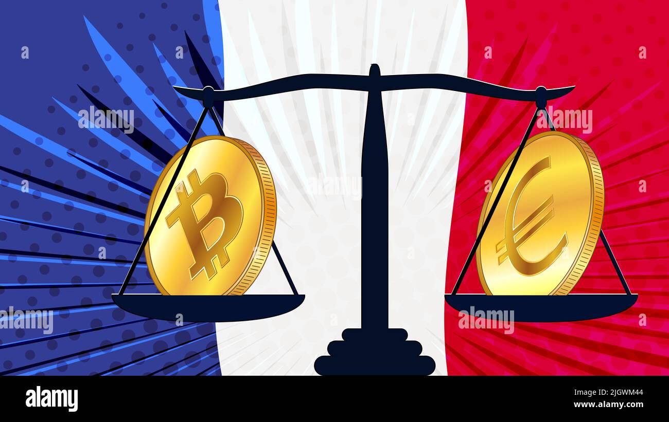 Moneta d'oro di Bitcoin BTC e euro EUR su scale e bandiera colorata della Francia sullo sfondo. La Banca centrale di Francia adotta leggi sui beni digitali CBDC. V Illustrazione Vettoriale