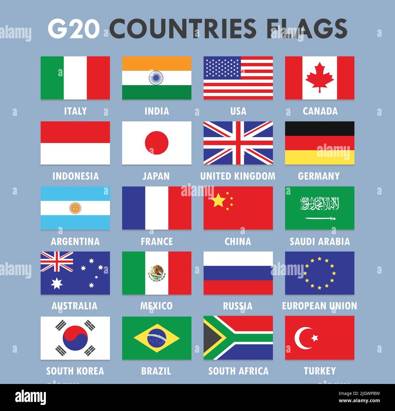 G20 paesi Set di Flag Collection India Russia Cina Francia Germania Italia USA Canada Indonesia Giappone Regno Unito Argentina Arabia Saudita Australia Illustrazione Vettoriale