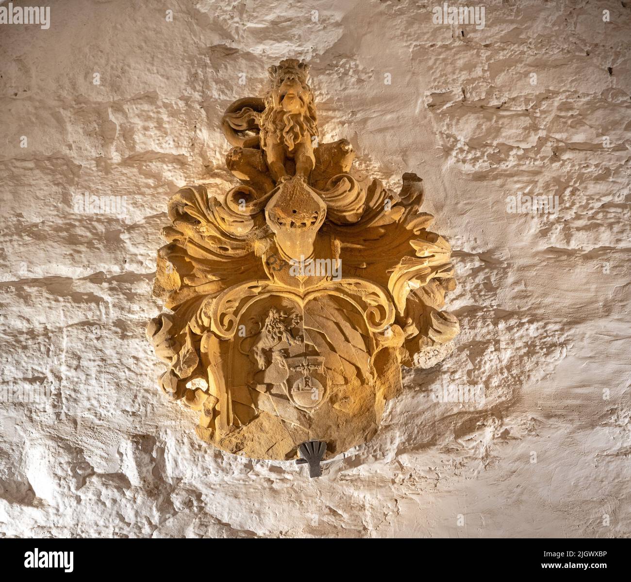 Bellissimo stemma nel barile del castello di Heidelberg. Baden Wuerttemberg, Germania, Europa Foto Stock