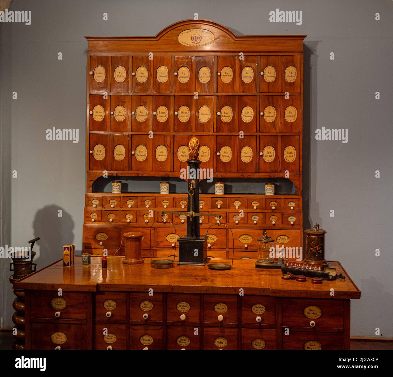 Vecchio armadio farmacia nel castello di Heidelberg. Baden Wuerttemberg, Germania, Europa Foto Stock
