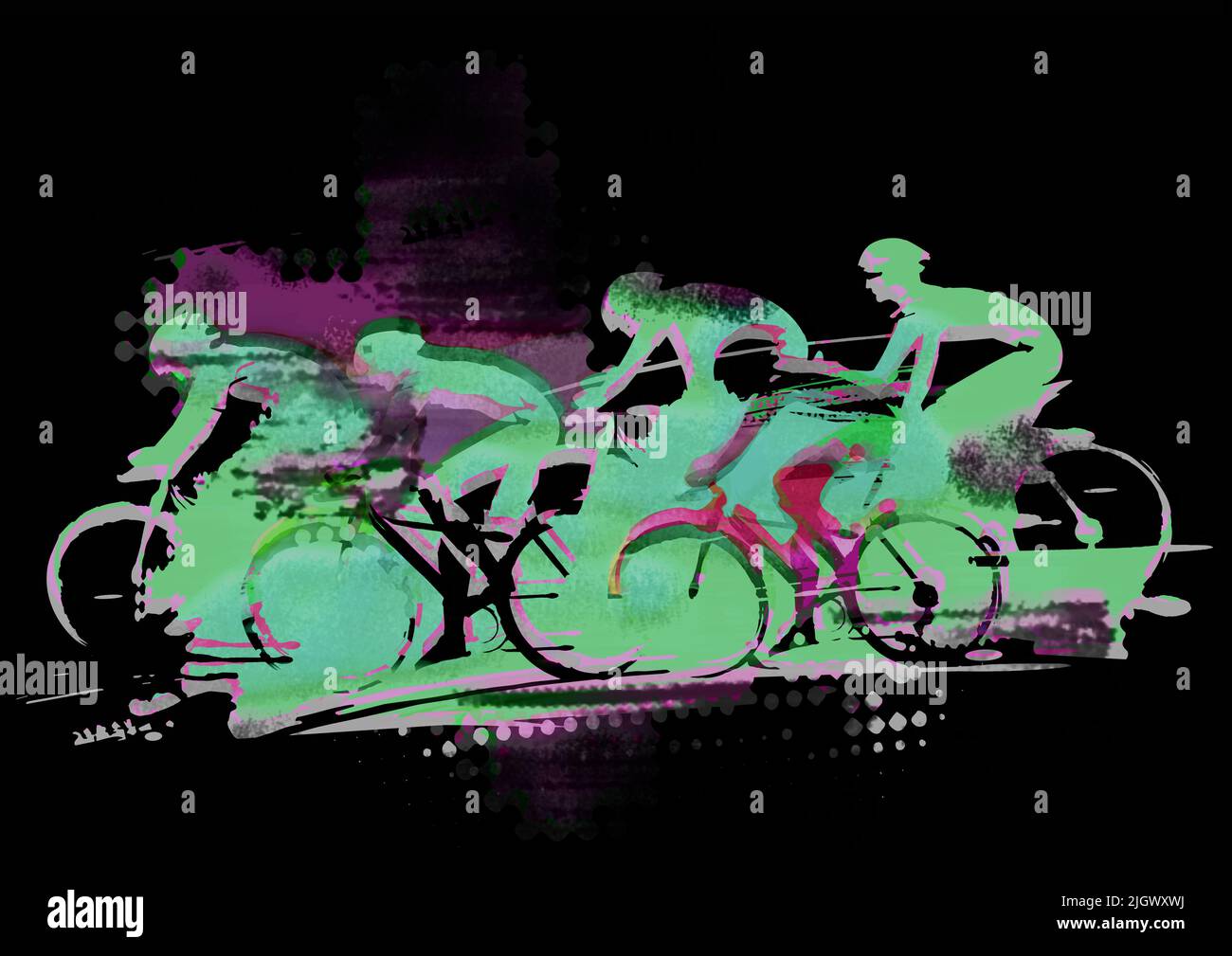 Gara ciclistica, ciclismo MTB, silhouette verdi. Disegno stilizzato espressivo di un gruppo di ciclisti a piena velocità. Sfondo nero. Foto Stock
