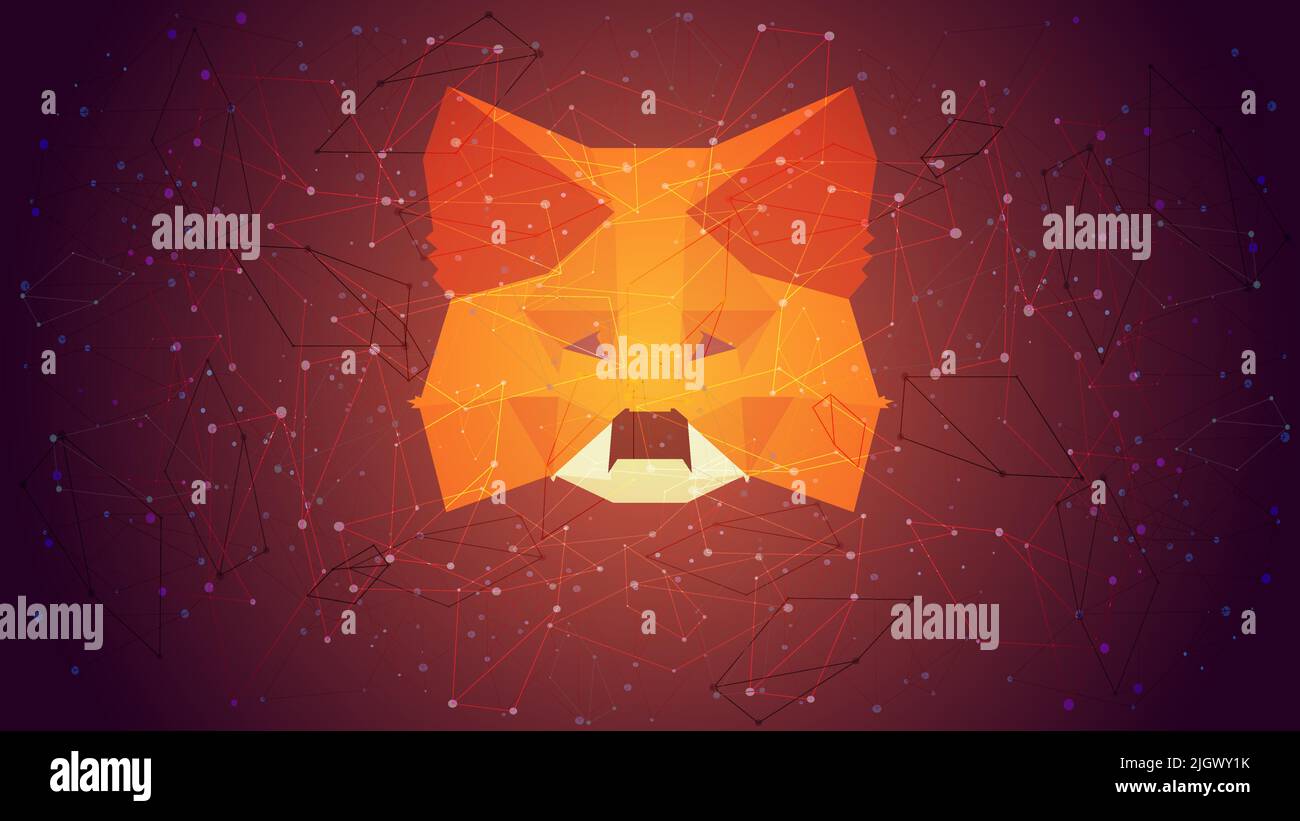 Logo MetaMask su sfondo rosso a reticolo poligonale. Portafoglio Crypto per Defi, Web3 app e NFTs. Illustrazione vettoriale. Illustrazione Vettoriale