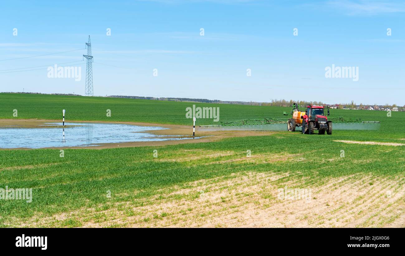 Un punto calvo su un campo con raccolti. Crisi alimentare come conseguenza del cambiamento climatico. Un trattore spruzza un campo con colture di erbicidi e ferti minerali Foto Stock