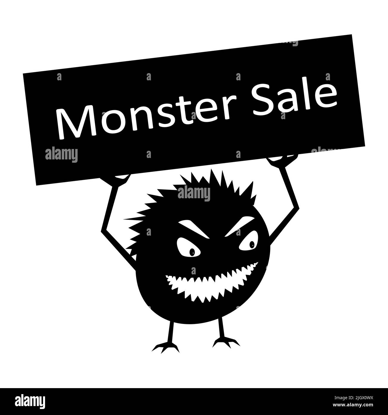 Arrabbiato mostro divertente sta tenendo un segno di vendita. Una creatura piccola per la campagna nei negozi online. Isolato. Illustrazione Vettoriale