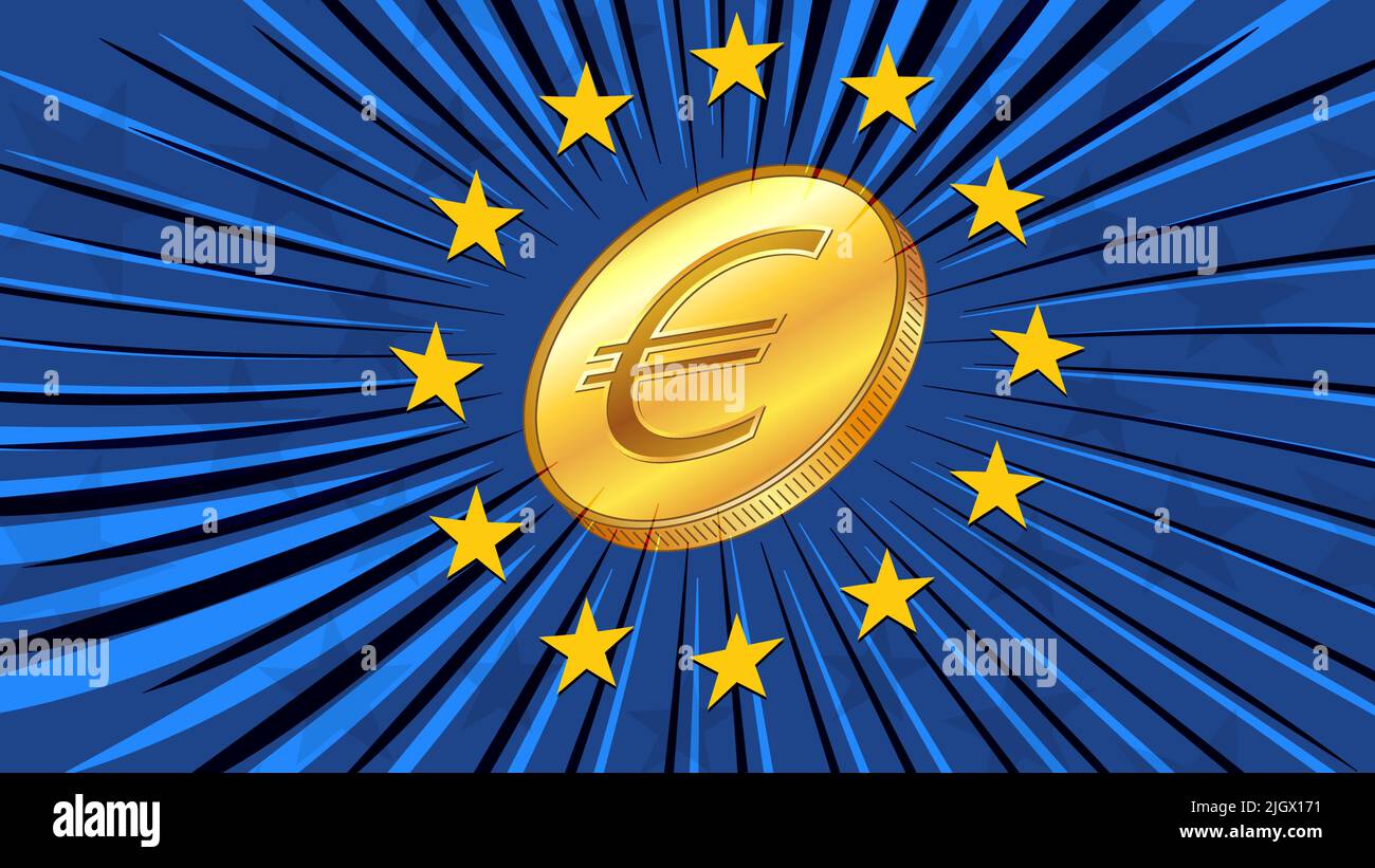 Moneta d'oro con segno valuta EUR e la bandiera blu dell'Unione europea con stelle. Concetto CBDC. Introduzione della moneta digitale da parte del Centro europeo Illustrazione Vettoriale