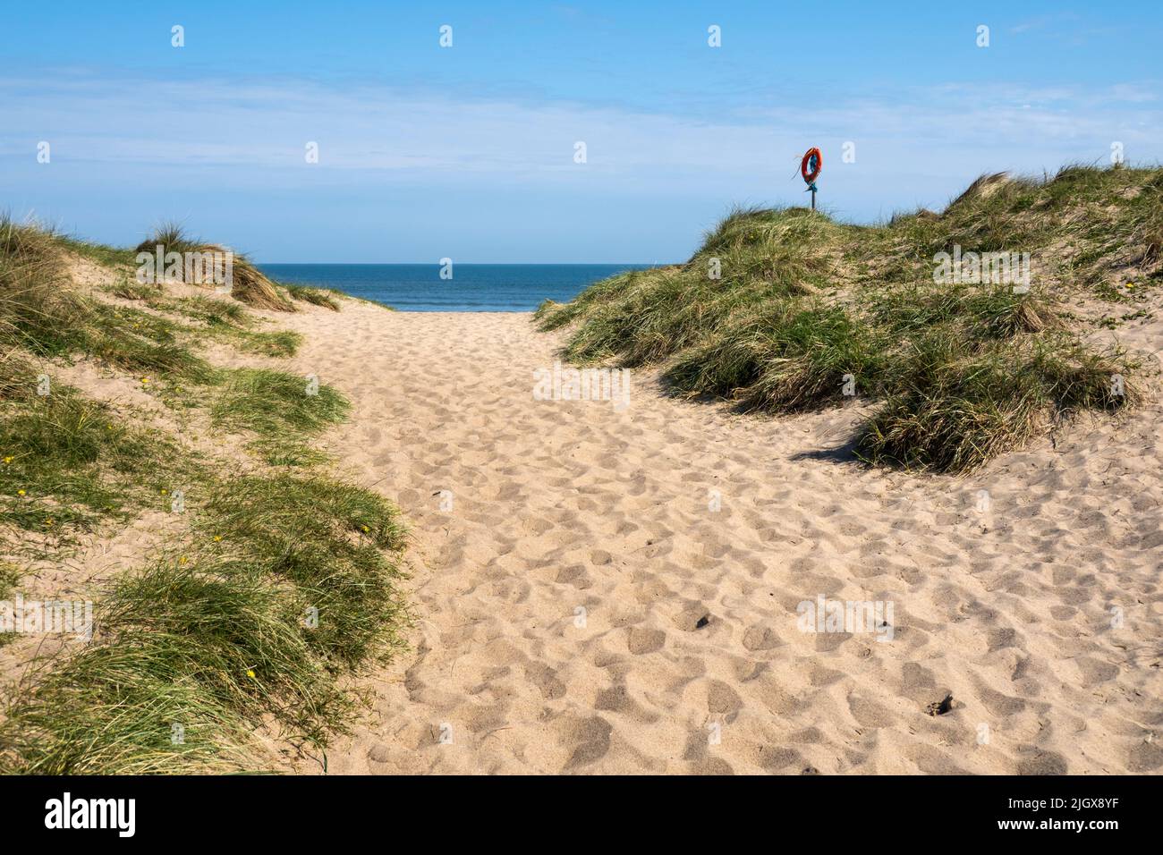 Warkworth Beach vista attraverso le dune di sabbia, Warkworth, Northumberland, Inghilterra, Regno Unito, Europa Foto Stock