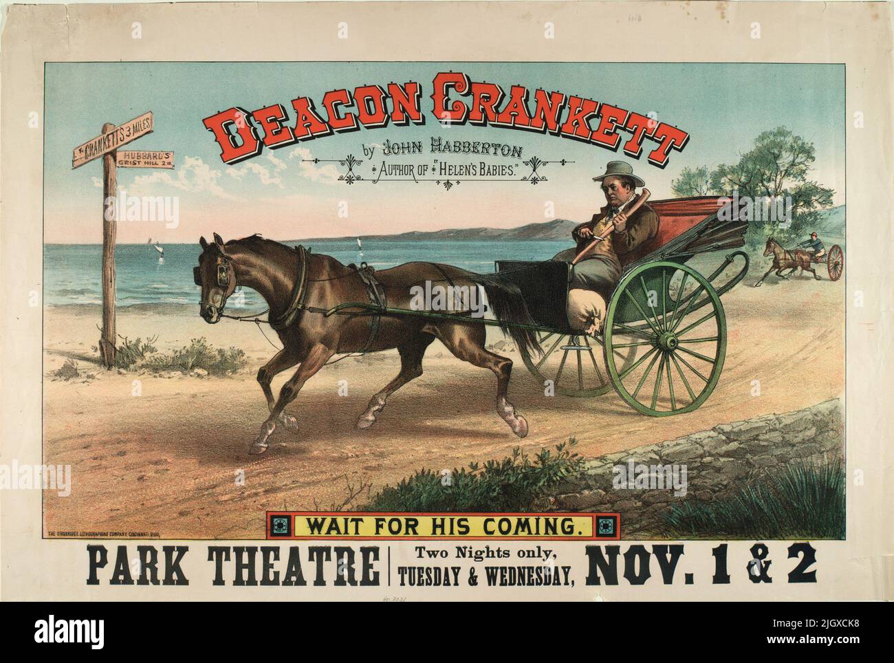 Poster per il Deacon Crankett del 1880 di John Habberton. Aspetta la sua venuta, Park Theatre. Litografia di Stobridge Litographing Company Foto Stock