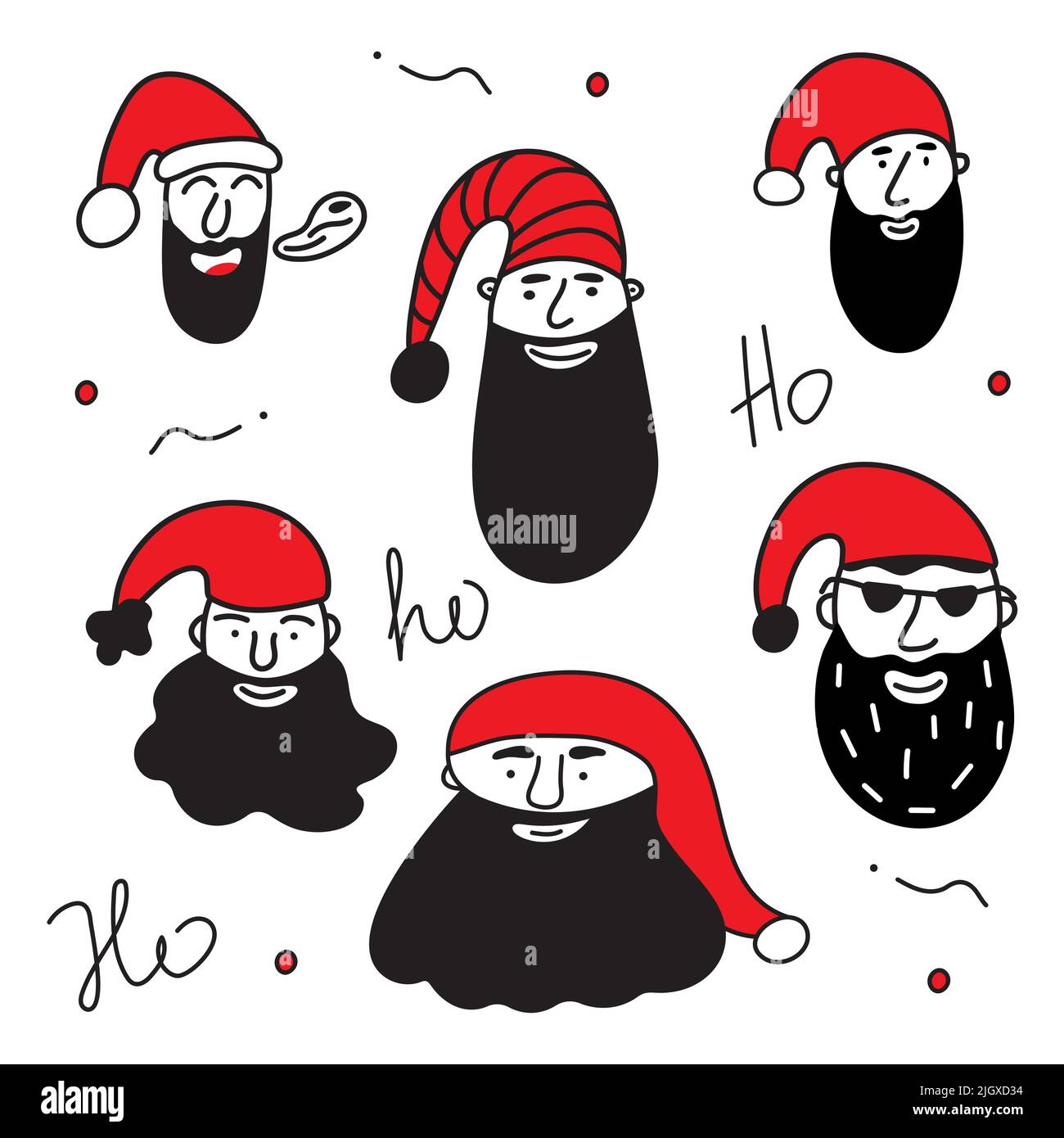Allegro set natalizio di teste di diversi personaggi di Babbo Natale o di elfo, avatar o ritratto. L'illustrazione del vettore nero e rosso di xmas nell'arte del doodle Illustrazione Vettoriale
