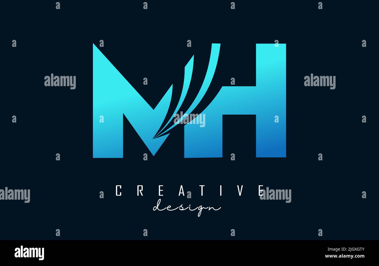 Logo creativo blu lettera MH m h con linee leader e design Road concept. Lettere con disegno geometrico. Illustrazione vettoriale con lettera e creati Illustrazione Vettoriale