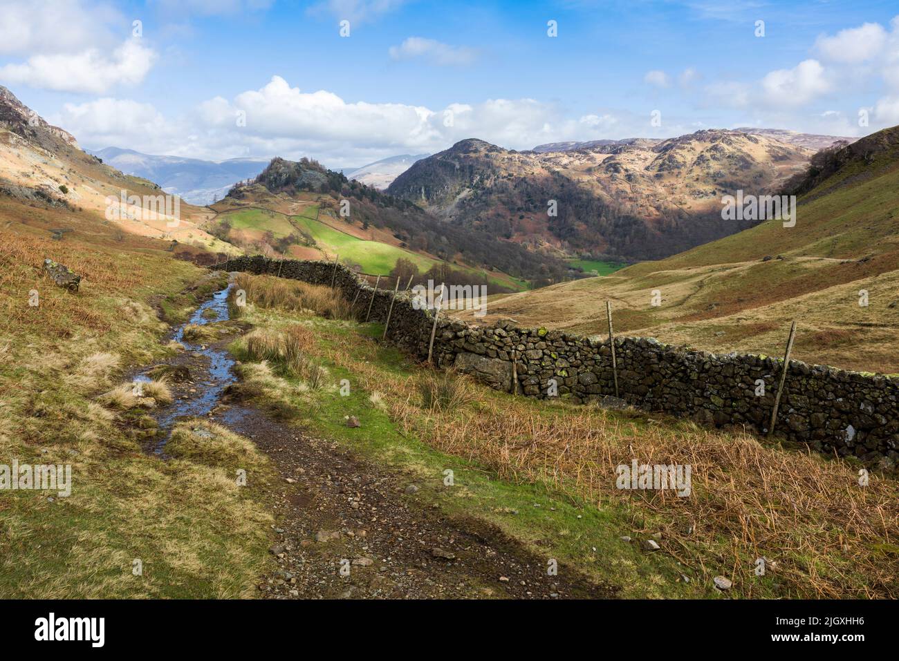 Castle Crag e Grange caddero a Borrowdale dalla strada di ponte di High Doat all'inizio della primavera nel Lake District National Park, Cumbria, Inghilterra. Foto Stock