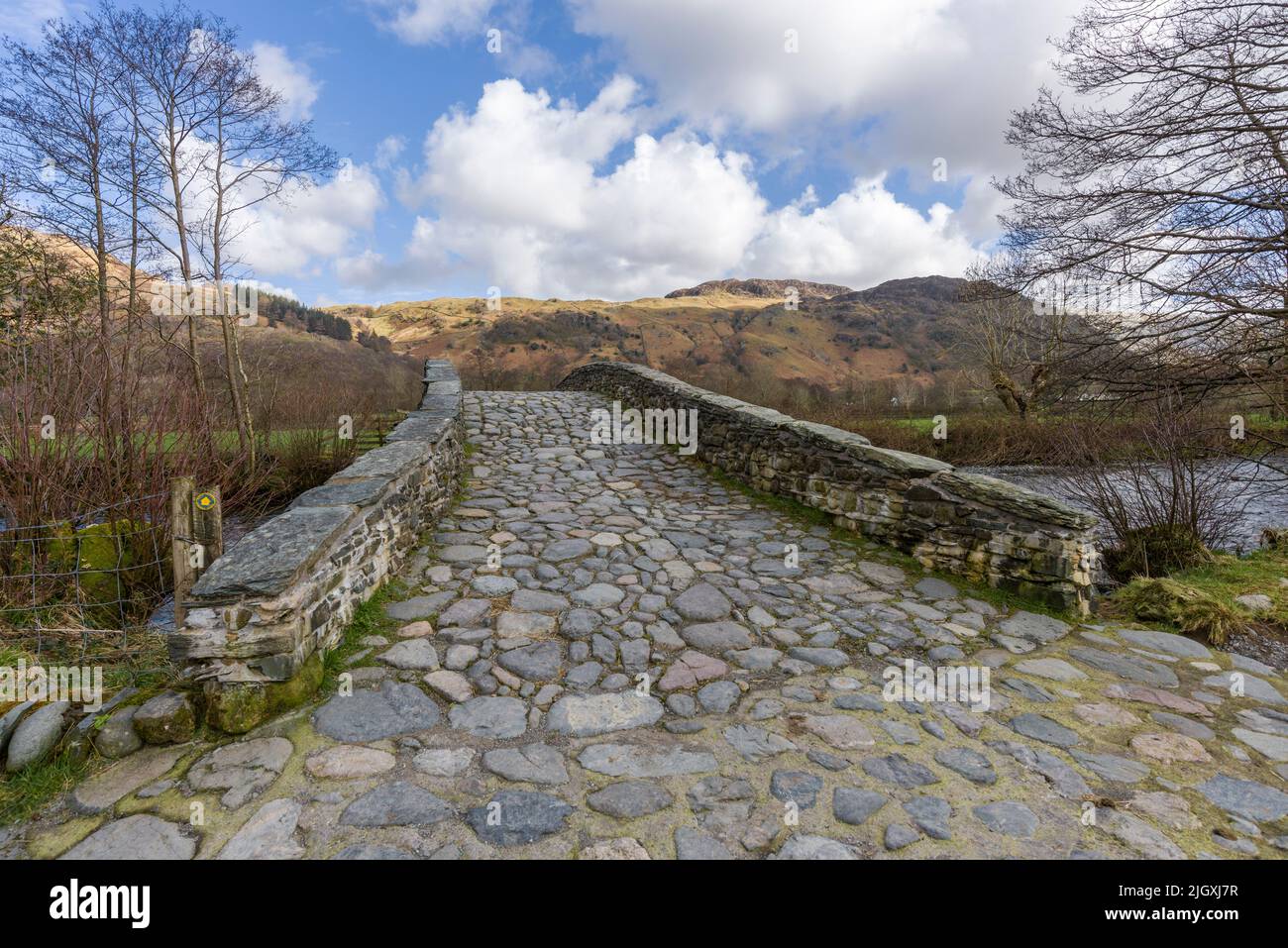 New Bridge, il ponte a cavallo di grado 2 sul fiume Derwent nella valle di Borrowdale nel Lake District National Park, Cumbria, Inghilterra. Foto Stock