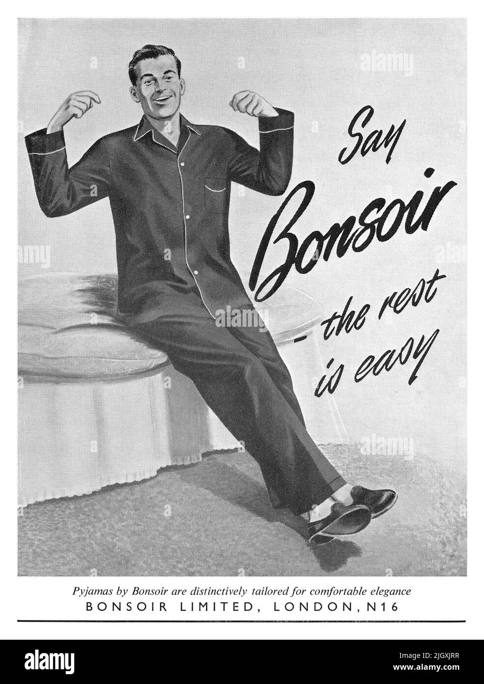 1955 Pubblicità britannica per pigiama da uomo Bonsoir. Foto Stock