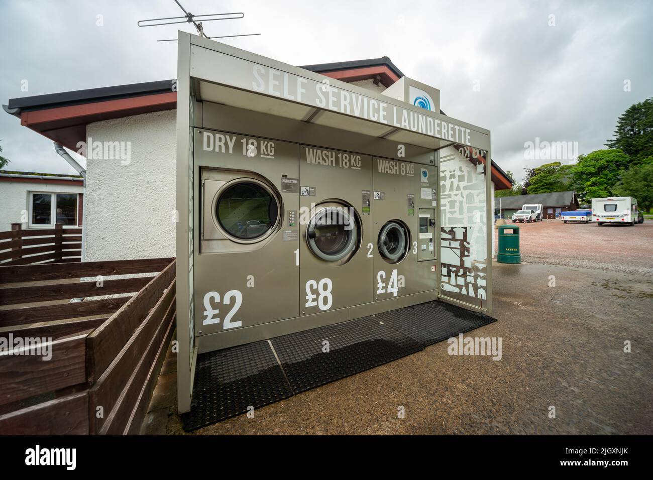 Lavanderia self-service, The Green Welly Stop, Tyndrum, Scozia, Regno Unito Foto Stock