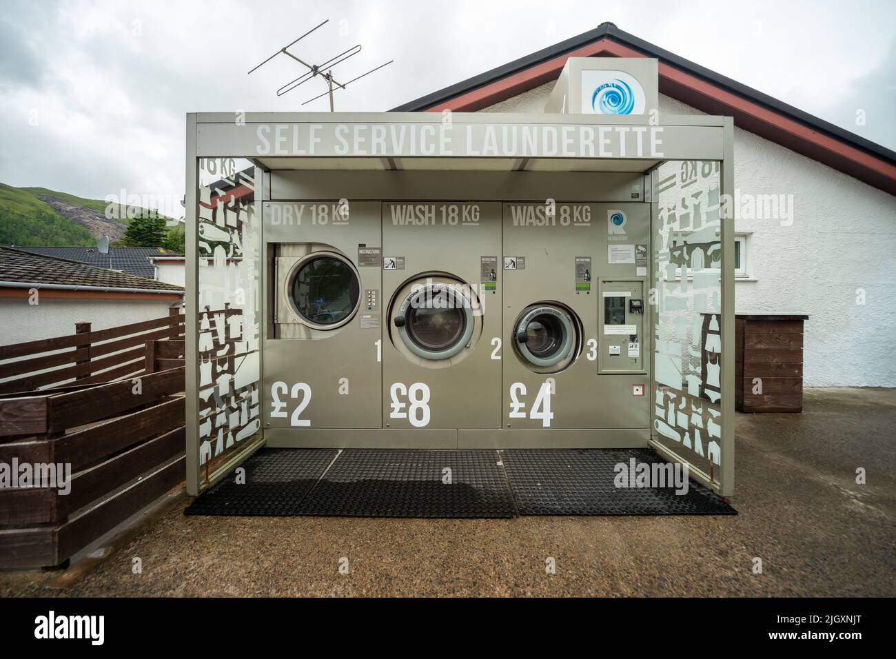 Lavanderia self-service, The Green Welly Stop, Tyndrum, Scozia, Regno Unito Foto Stock