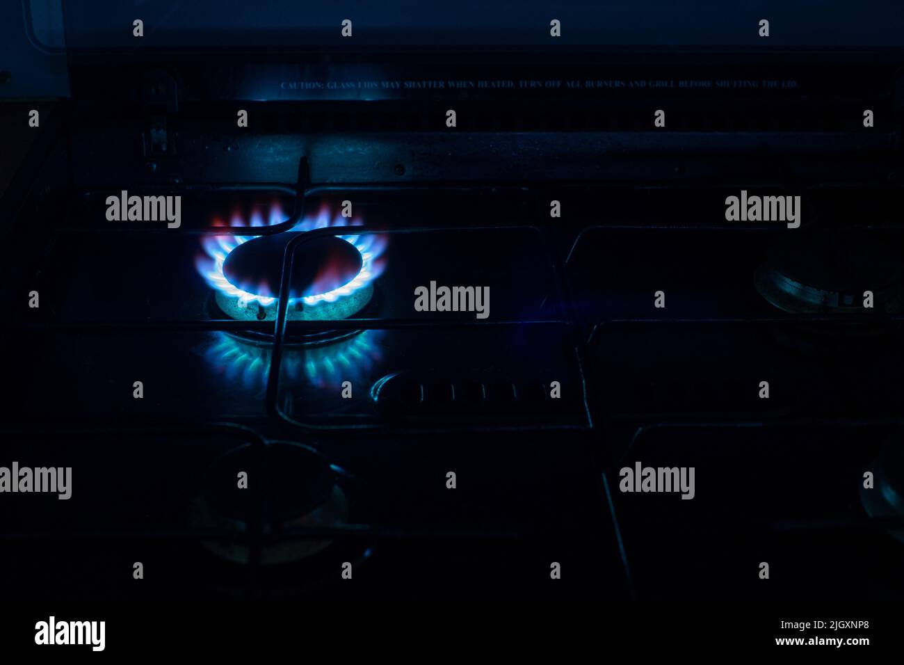 Fornelli a gas o bruciatore con emissione di fiamma blu. Concetti di energia, fatture, riscaldamento, cucinare, combustibili fossili, inverno Foto Stock