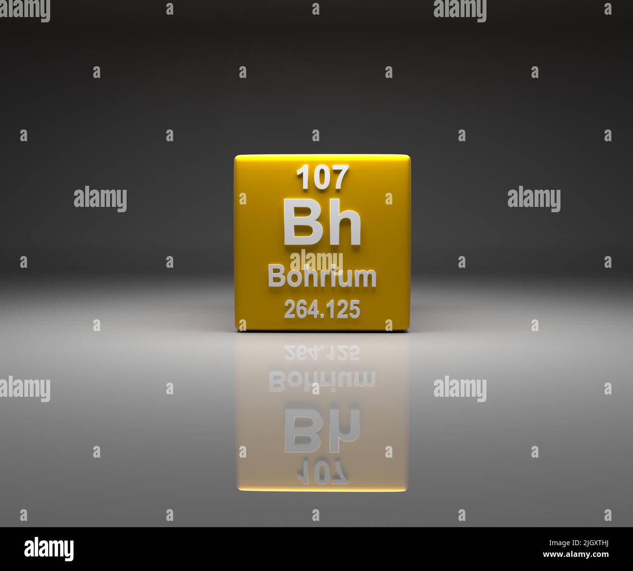 Cubo con Bohrium numero 107 tabella periodica, 3D rendering Foto Stock