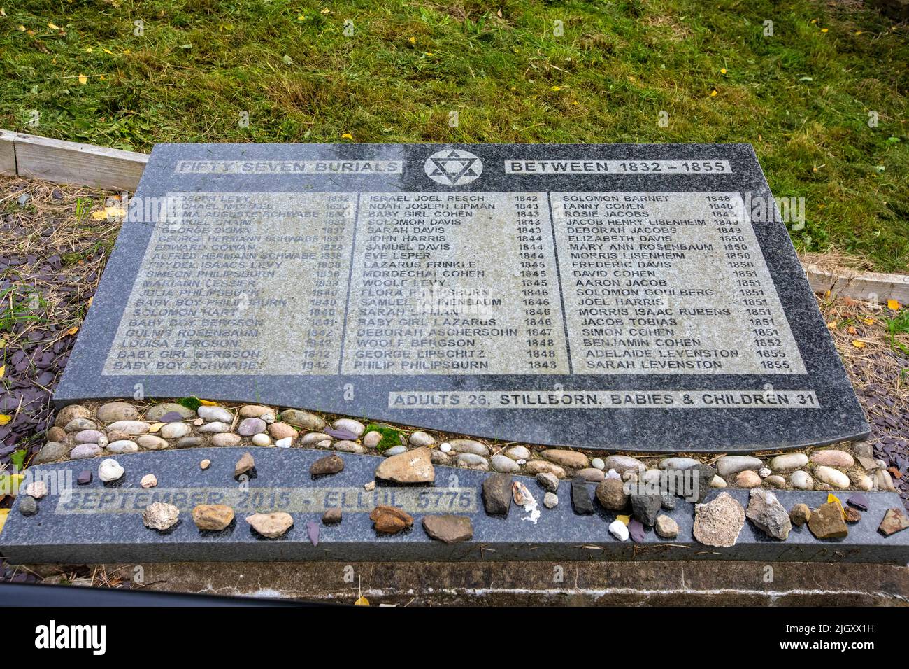 Glasgow, Scozia - Ottobre 12th 2021: Una targa che riporta i nomi dei 57 defunti presso la sepoltura ebraica a Glasgow Necropolis, S Foto Stock