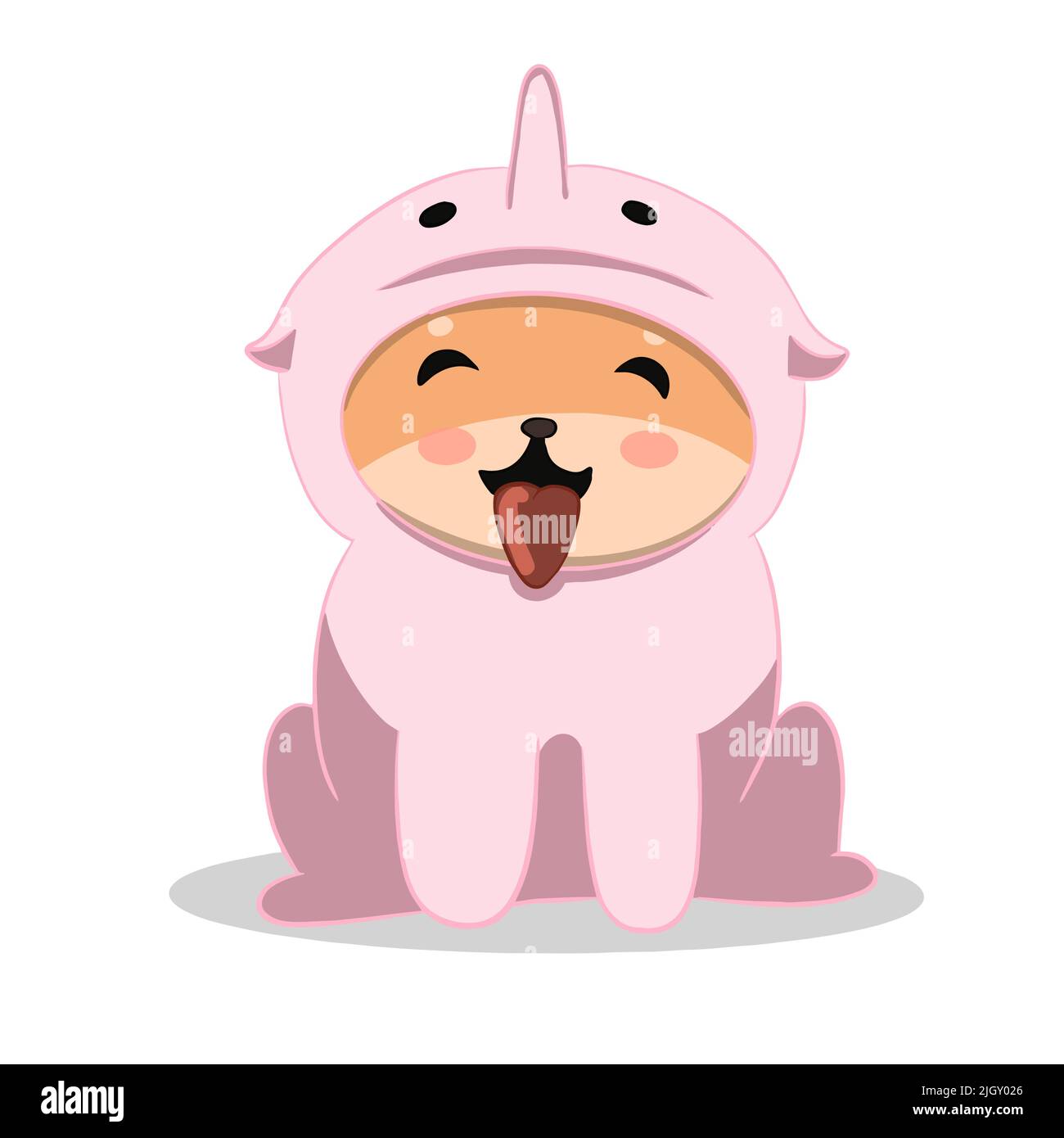 Shiba si siede in un costume di delfino rosa e gode della vita Illustrazione Vettoriale