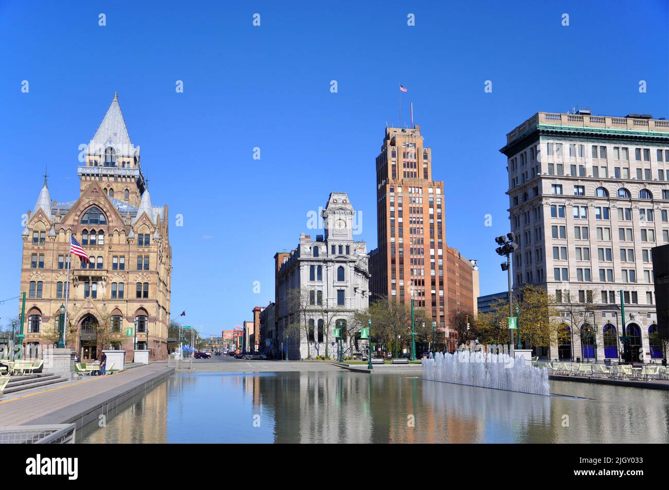 Syracuse Savings Bank Building, Gridley Building, state Tower Building e Onondaga County Savings Bank a Clinton Square a Syracuse, New York, Stati Uniti Foto Stock
