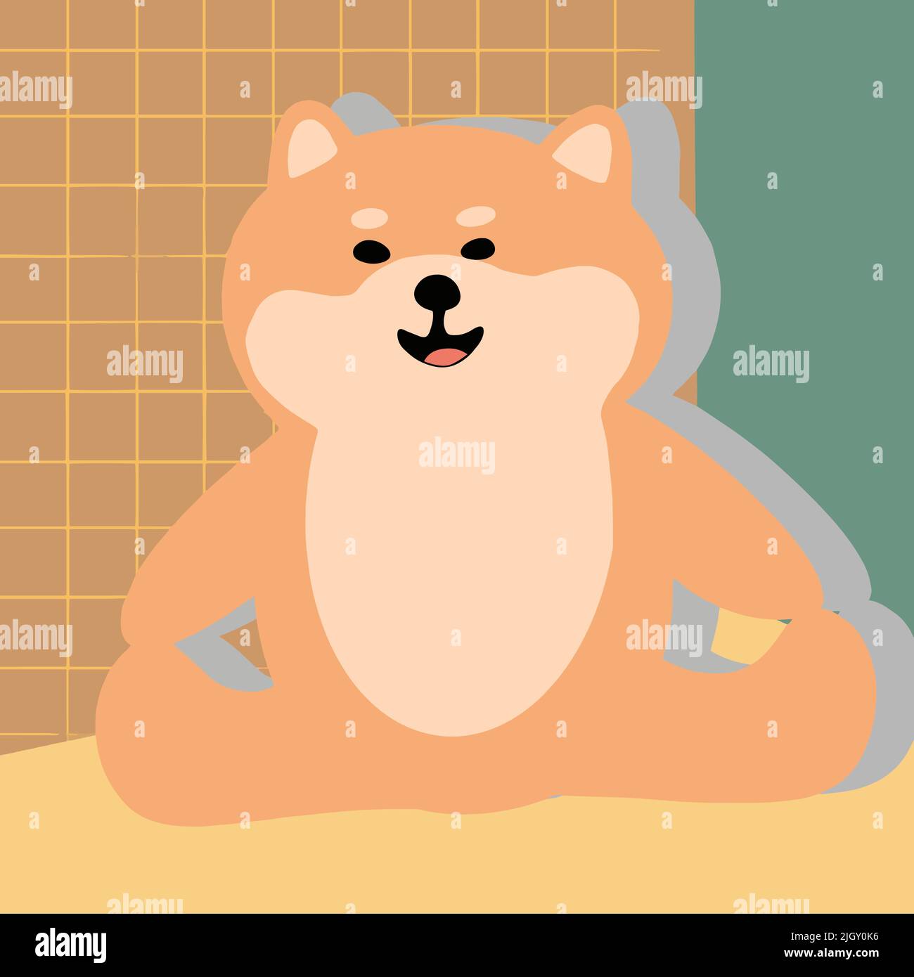 Shiba si siede su uno spago tenendo le gambe con le mani, su uno sfondo verde Illustrazione Vettoriale