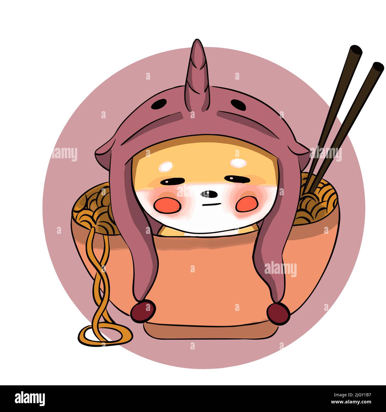 Shiba siede in una tazza di tagliatelle in un costume di delfino rosa Illustrazione Vettoriale